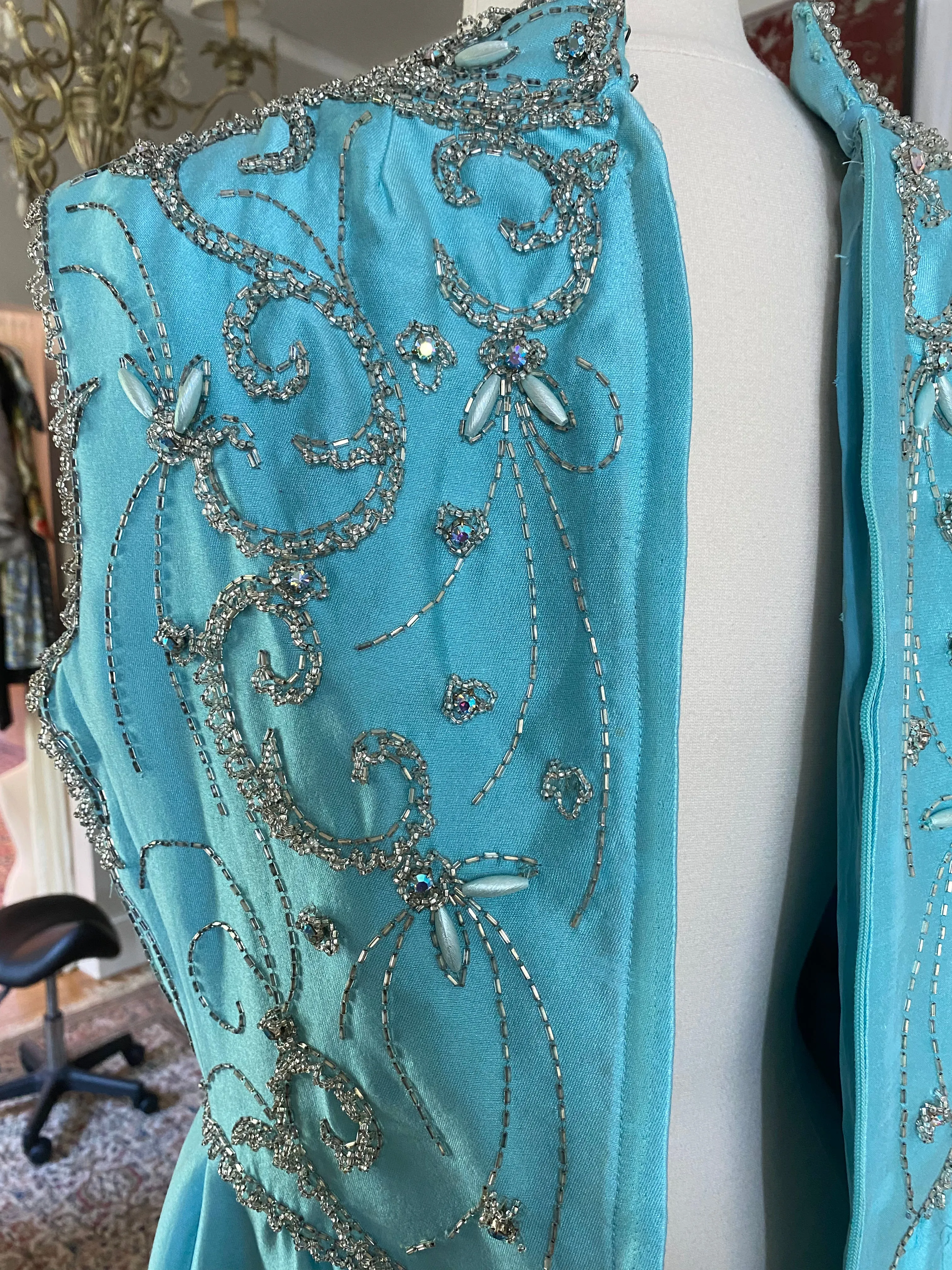 1960's Tiffany Blue Shantung Silk Beaded Evening Gown / ML