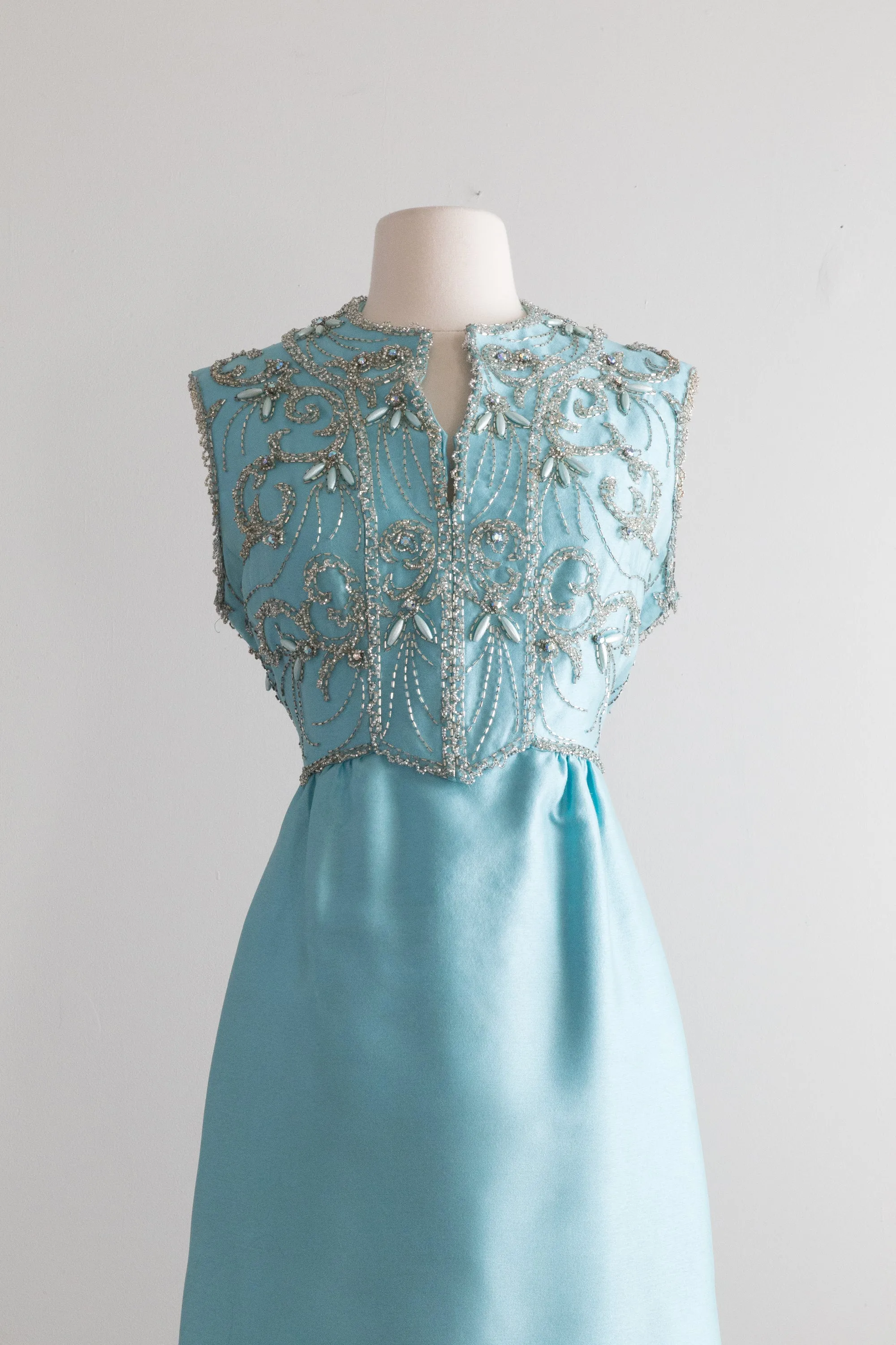 1960's Tiffany Blue Shantung Silk Beaded Evening Gown / ML