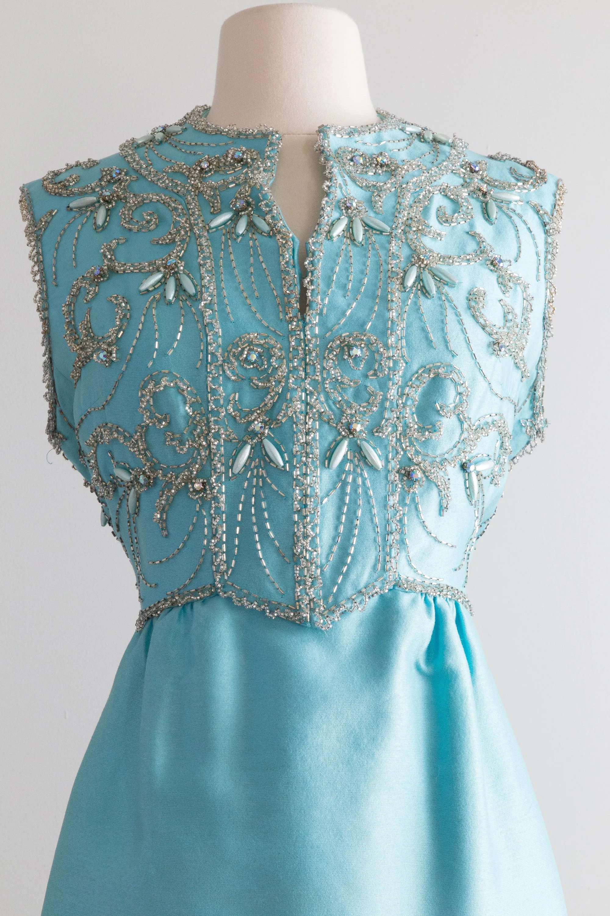 1960's Tiffany Blue Shantung Silk Beaded Evening Gown / ML