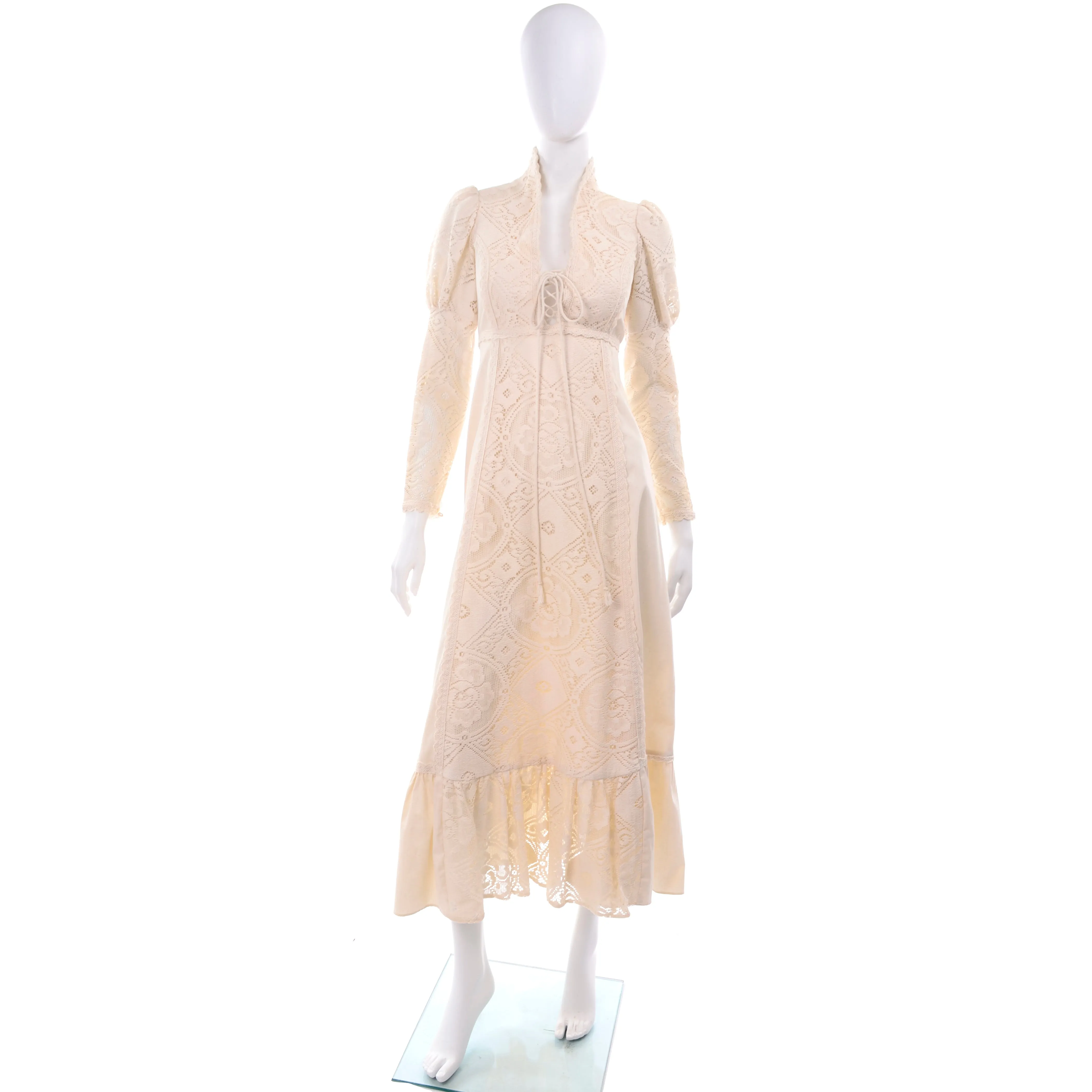 1970s Gunne Sax Cream Wedding Dress w/ Lace Leg of Mutton Sleeves