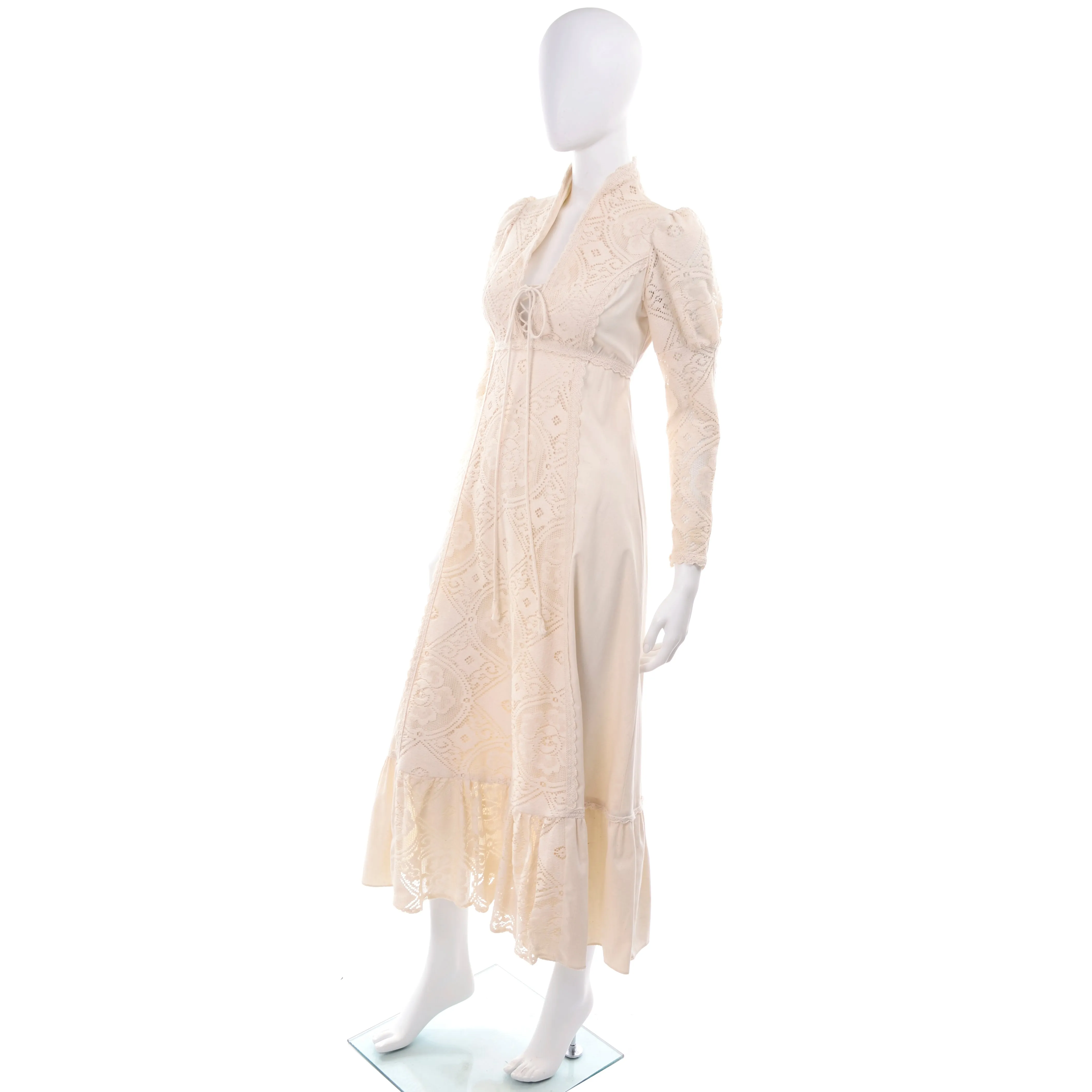 1970s Gunne Sax Cream Wedding Dress w/ Lace Leg of Mutton Sleeves