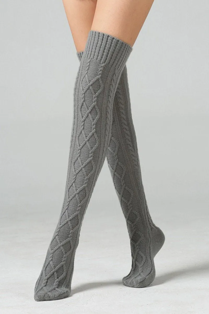 BASIC CABLE KNIT WINTER WARM KNEE HIGH SOCKS