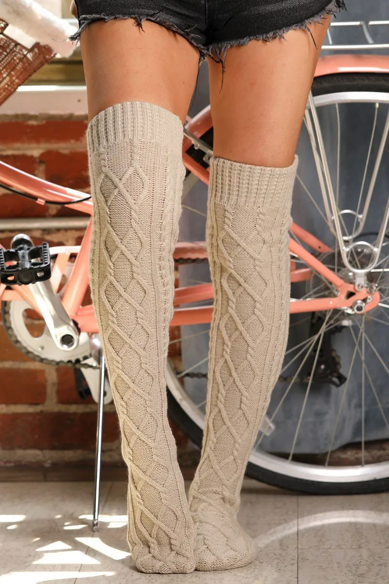 BASIC CABLE KNIT WINTER WARM KNEE HIGH SOCKS