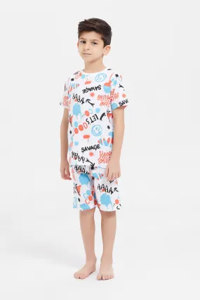 Boys White Graffiti Printed Pyjama Set (2 Piece)