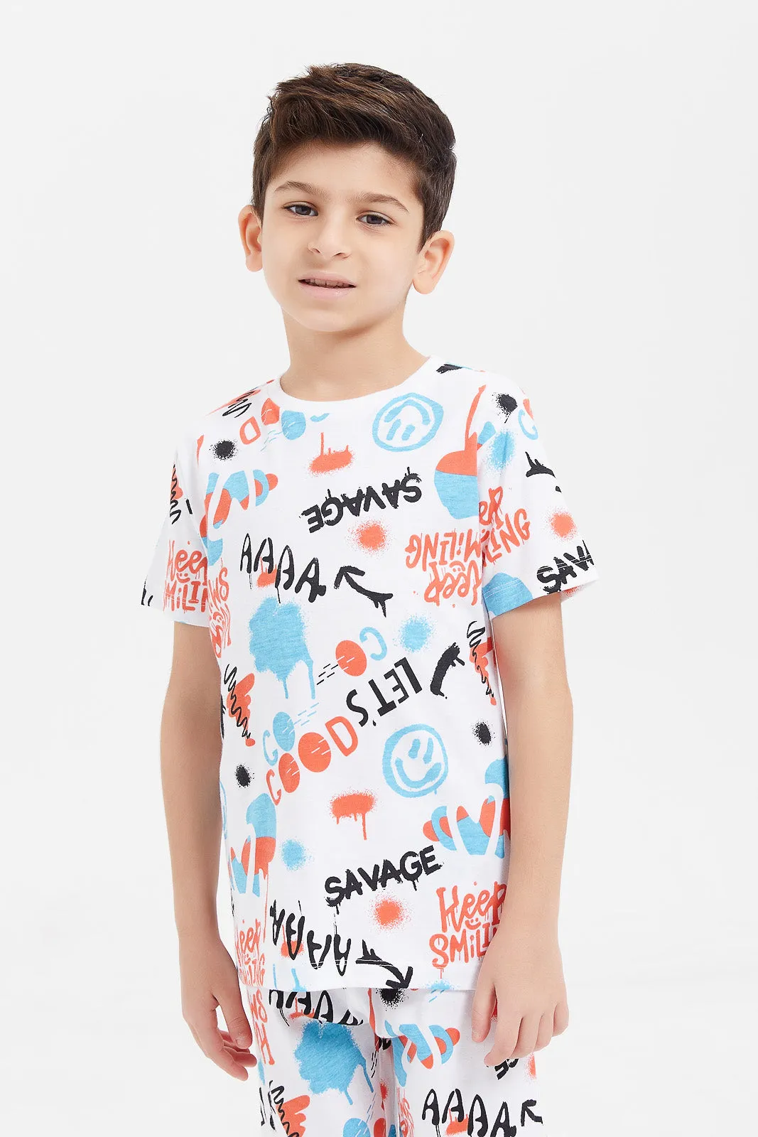 Boys White Graffiti Printed Pyjama Set (2 Piece)