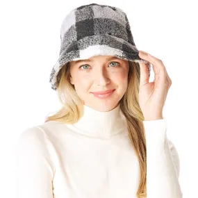 Check Patterned Faux Fur Bucket Hat