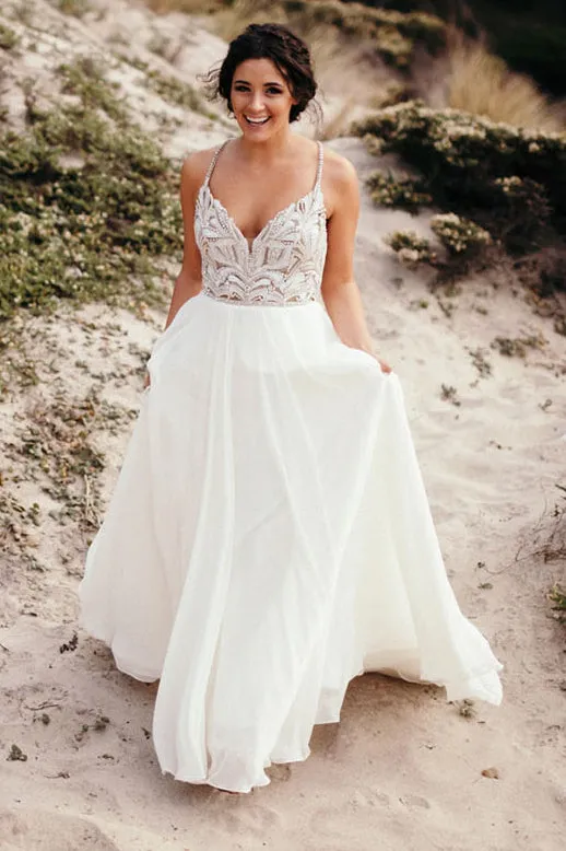 Classic Spaghetti Beaded Chiffon Ivory Country Wedding Gown OW358