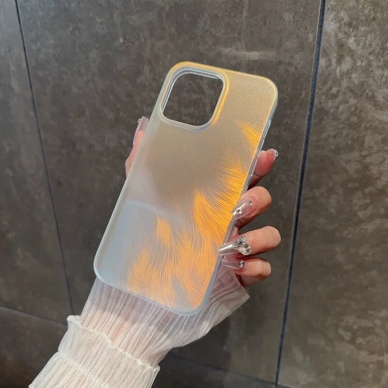 Cute Clear Holographic Laser White, Gold, Green Feather Design Protective Shockproof iPhone Case for iPhone 11 12 13 14 15 Plus Pro Max