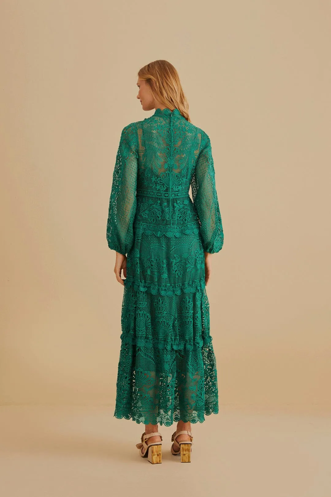 Dark Green Guipure Long Sleeve Maxi Dress