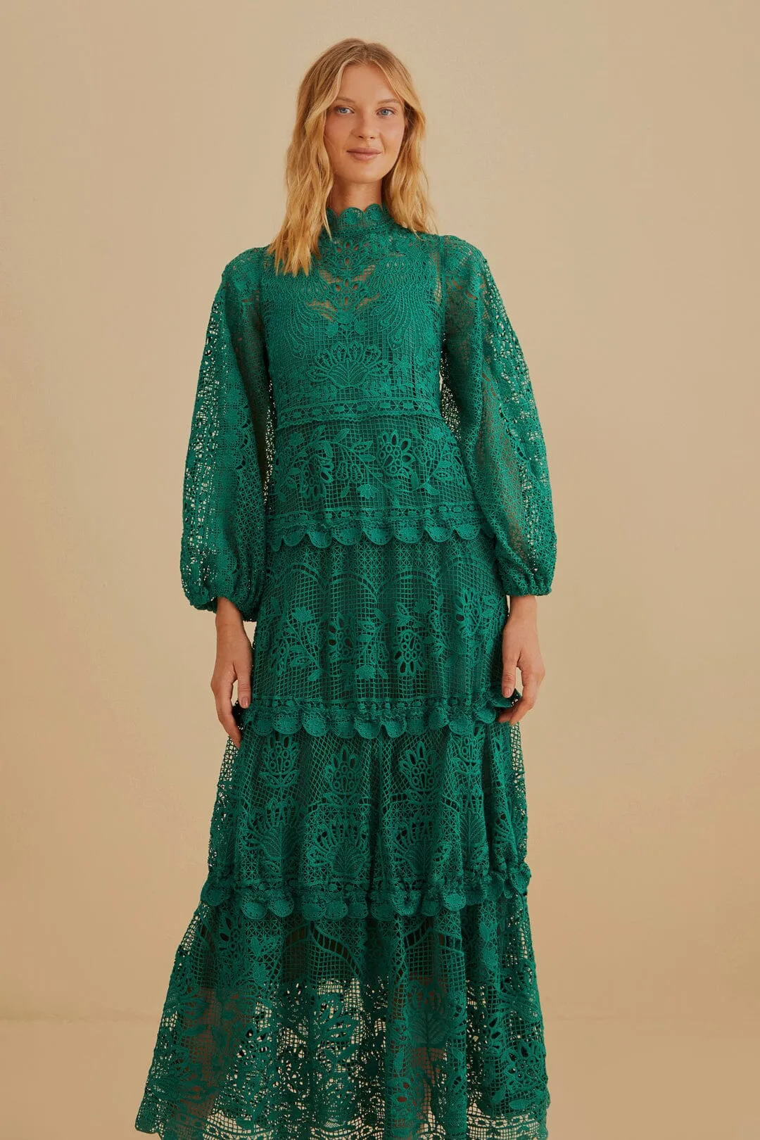 Dark Green Guipure Long Sleeve Maxi Dress