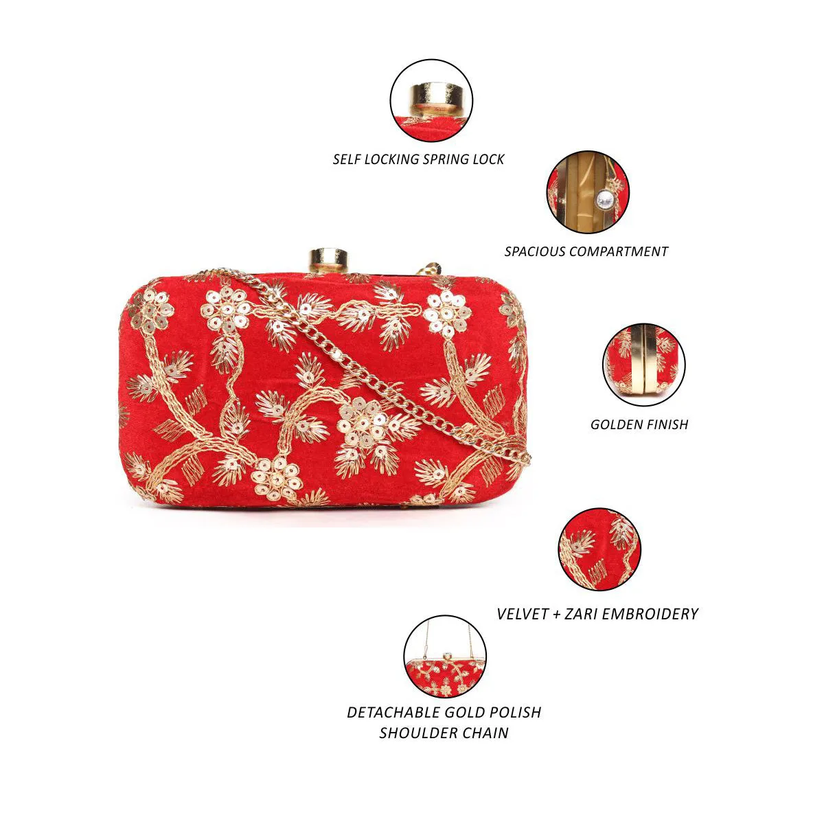 Embllished Red Velvet Jewel Box Clutch With Sling Strap