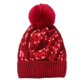 Glitzy Sequin Embellished Pom Pom Beanie Hat