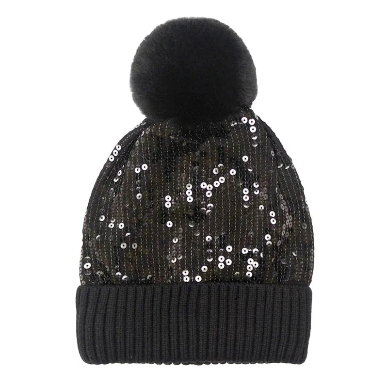 Glitzy Sequin Embellished Pom Pom Beanie Hat