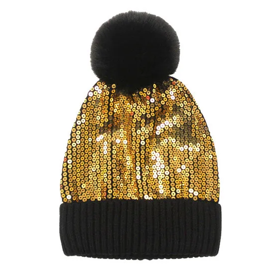 Glitzy Sequin Embellished Pom Pom Beanie Hat