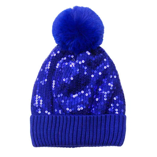 Glitzy Sequin Embellished Pom Pom Beanie Hat