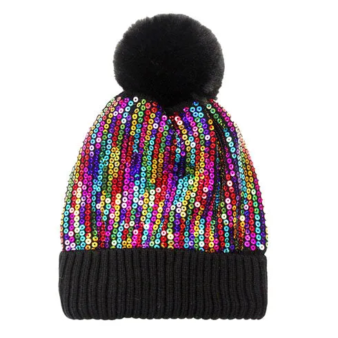 Glitzy Sequin Embellished Pom Pom Beanie Hat