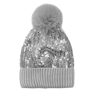 Glitzy Sequin Embellished Pom Pom Beanie Hat