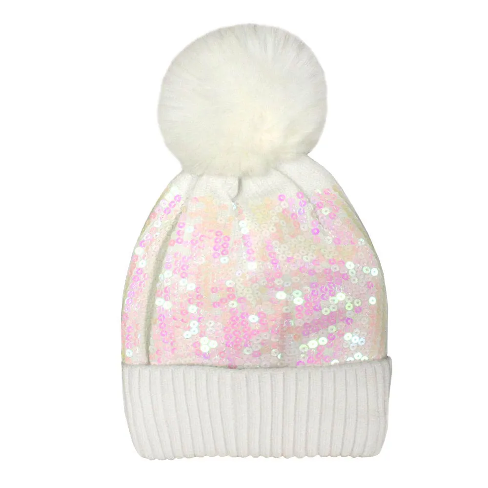 Glitzy Sequin Embellished Pom Pom Beanie Hat