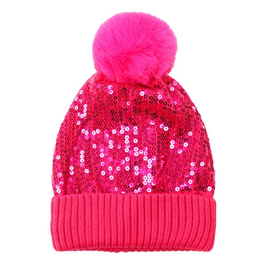 Glitzy Sequin Embellished Pom Pom Beanie Hat