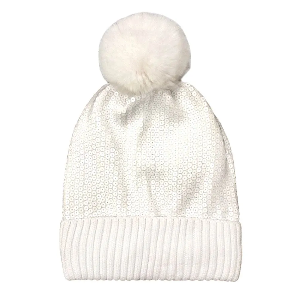 Glitzy Sequin Embellished Pom Pom Beanie Hat