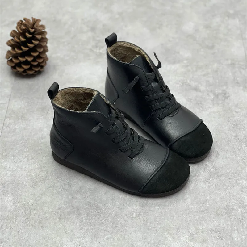 Women Winter Vintage Leather Drawstring Splicing Ankle Boots